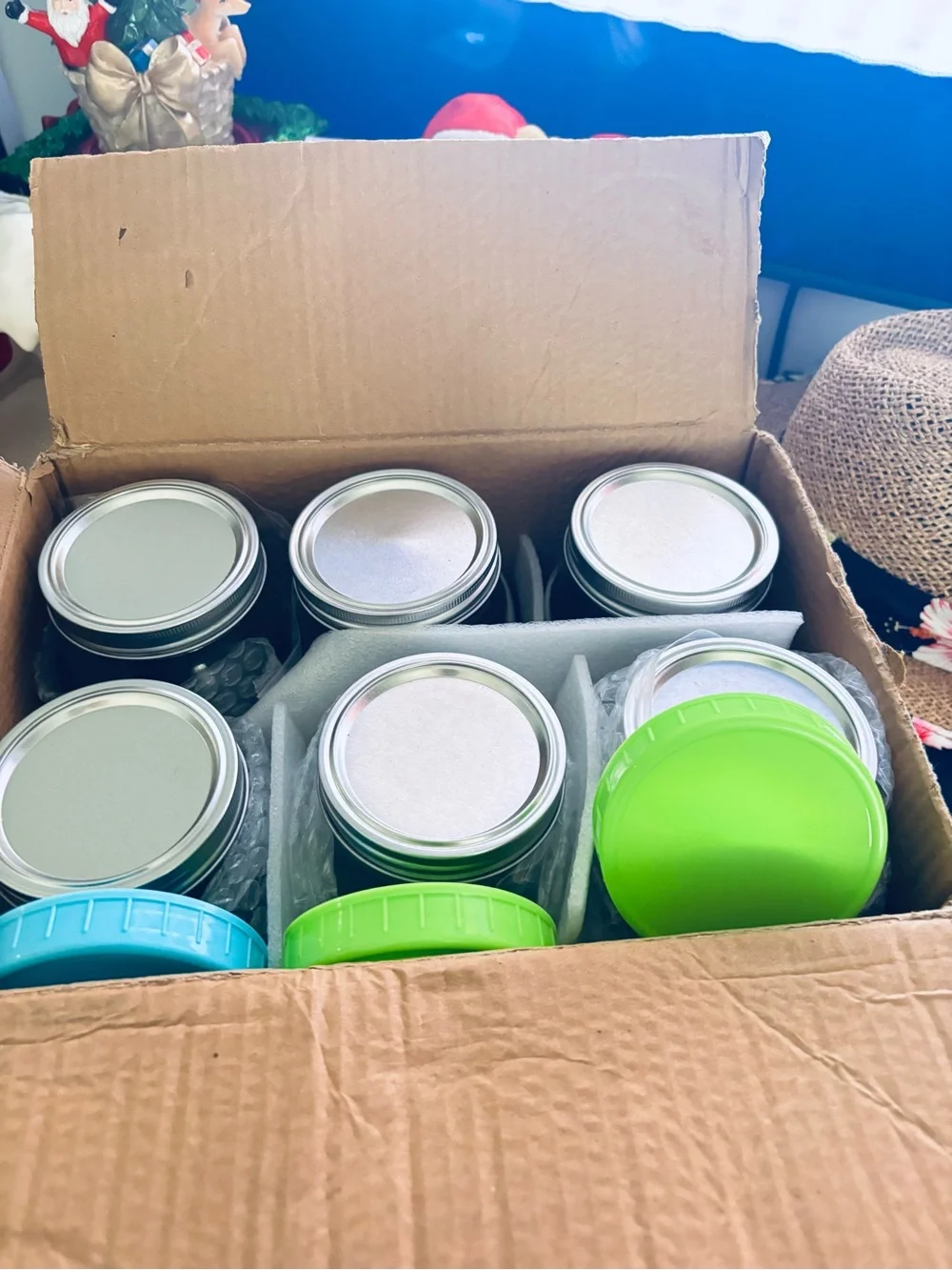 Reusable Glass Storage Jars with Bright Green and Blue Lids - Set of 6